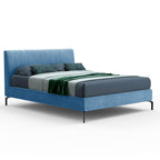 Letto matrimoniale colore blu con contenitore e testiera con cuciture verticali - Aki