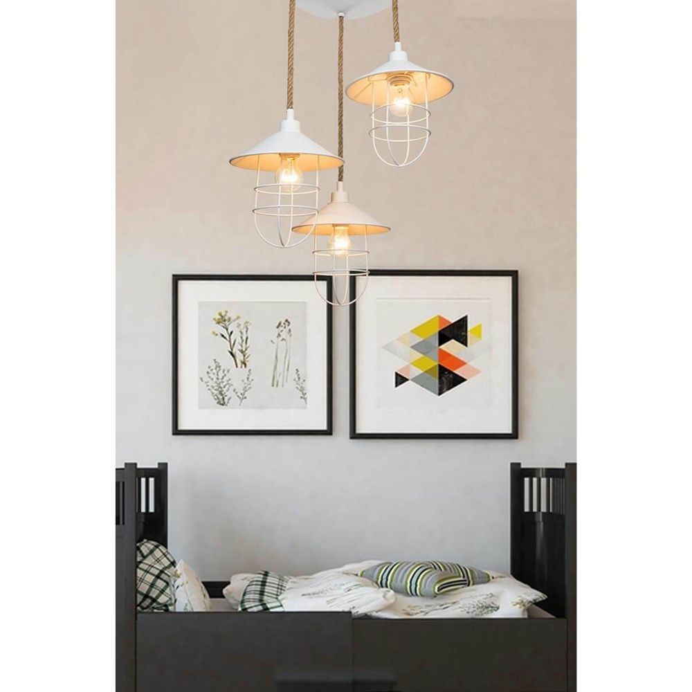 Pendelleuchte 90 cm mit 3 Leuchten Metall weiß und Seil Bulut