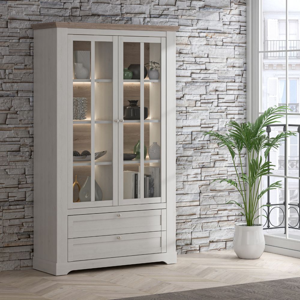 Vetrina 2 ante in vetro, 2 cassetti e luci LED rovere bianco neve e olmo scuro Forma