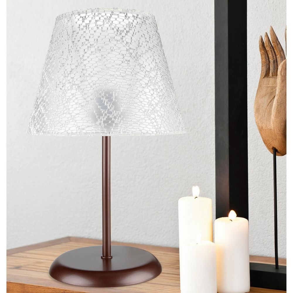 Lampada da tavolo in metallo e paralume tessuto ricamo Elva