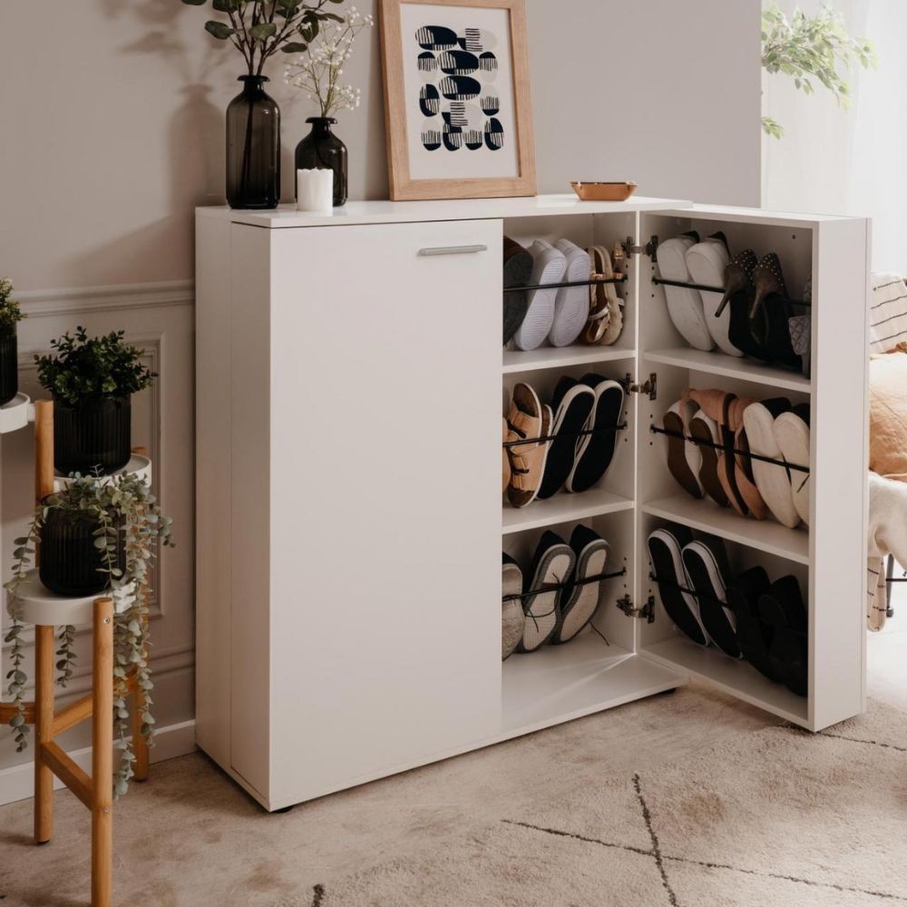 Meuble à chaussures 100x110h cm avec 2 portes et 8 étagères coloris blanc - Satos02A