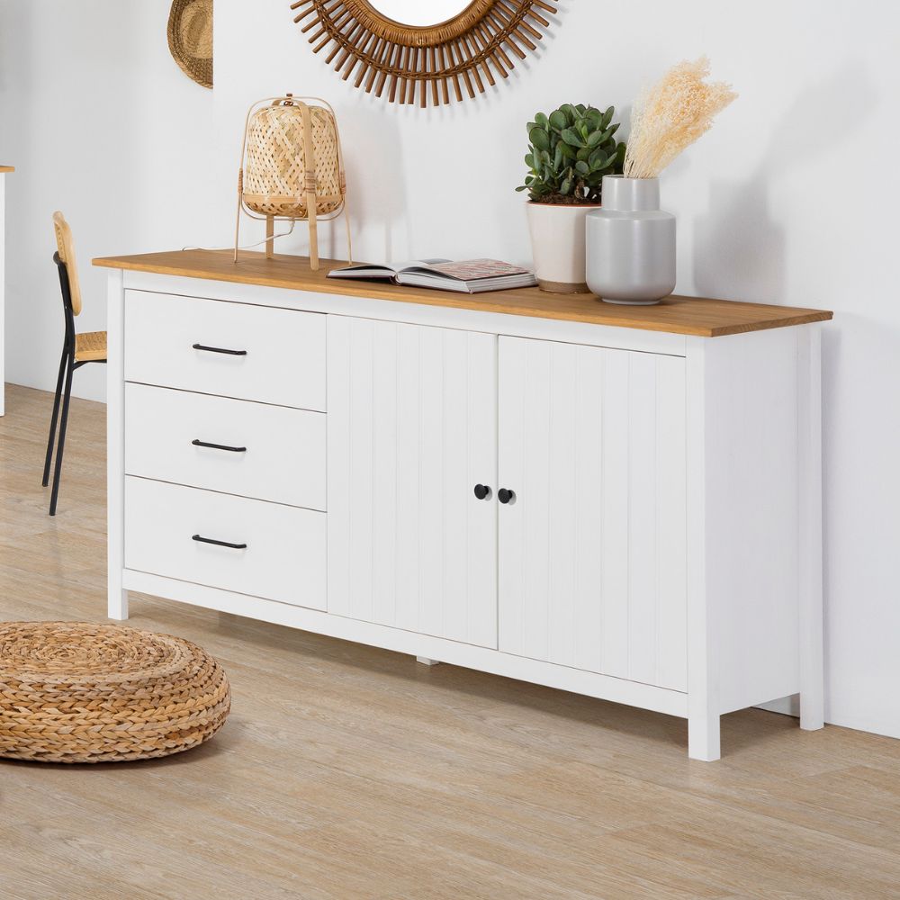 Credenza in legno massiccio colore bianco e pino 150x40x80H Miranda