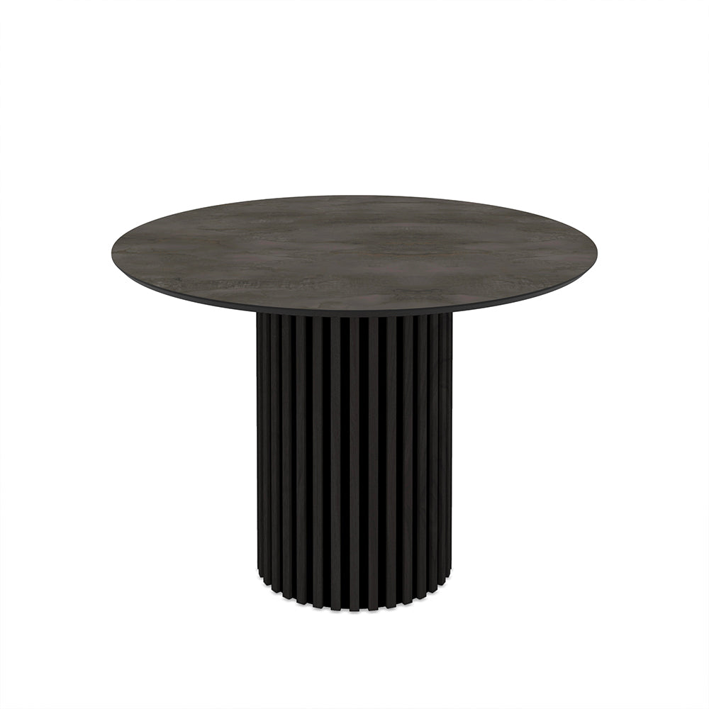 Tavolo rotondo piano effetto marmo grigio opaco e base cannettata nera 110x110x76 Olympus
