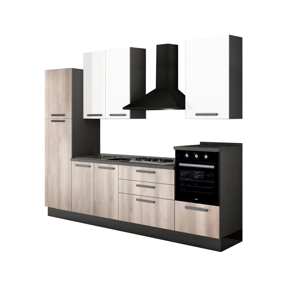 Komplettküche 300x216H cm in Anthrazit, Weiß und Gordon – Petrol