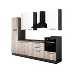 Komplettküche 300x216H cm in Anthrazit, Weiß und Gordon – Petrol