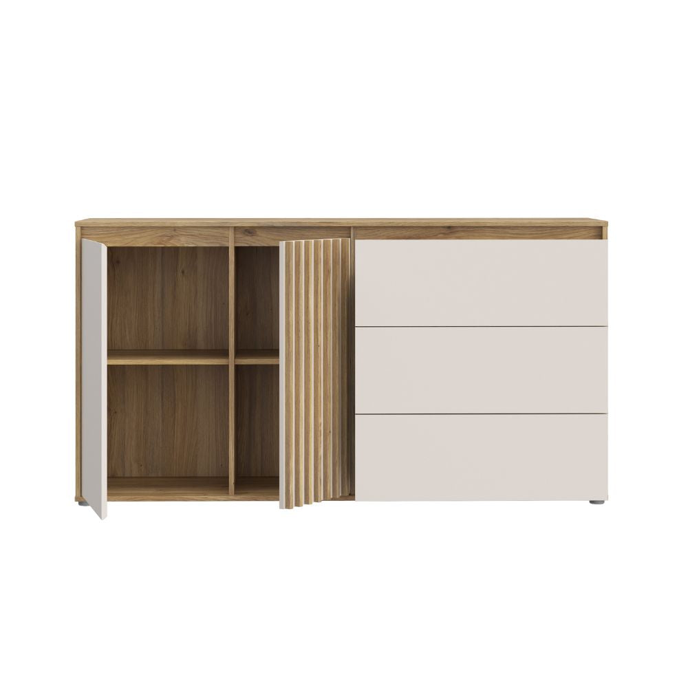 Madia con 3 cassetti e anta cannettata colore rovere e cashmere Neutra
