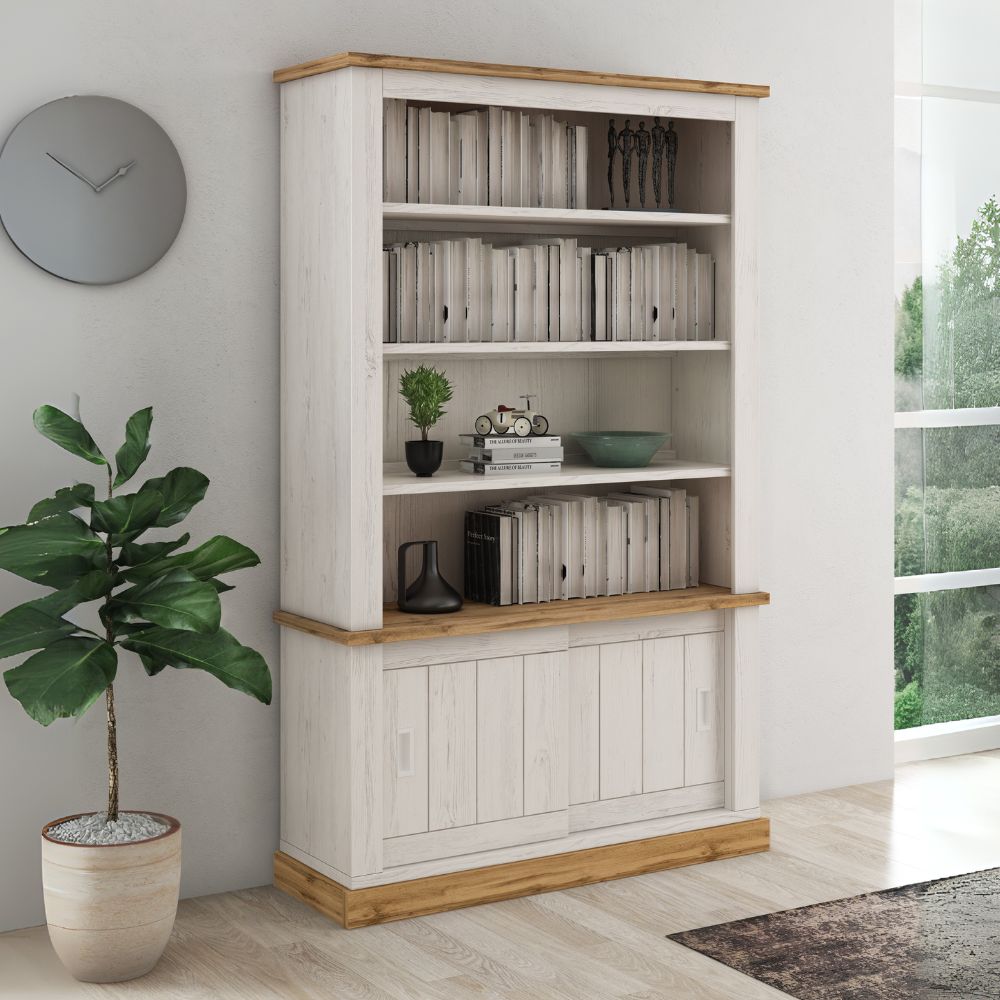Credenza con 3 ripiani e 2 ante scorrevoli colore pino bianco e rovere 121,1x196H cm -  Anthony III