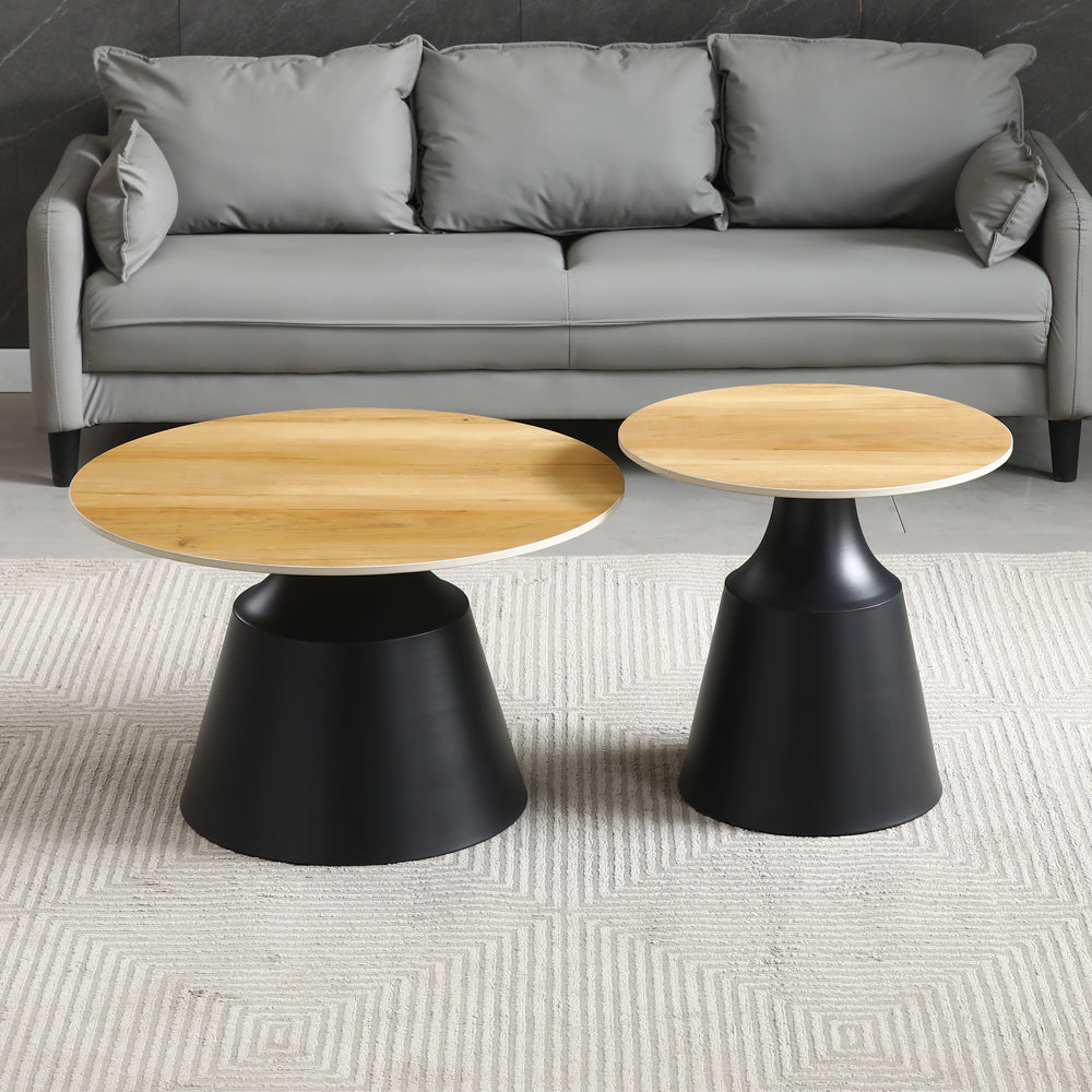 SET AUS ZWEI RUNDEN TISCHEN DURCHM. 70x41CM + DURCHM. 50x46CM MIT EICHENPLATTE UND SCHWARZEM METALLGESTELL