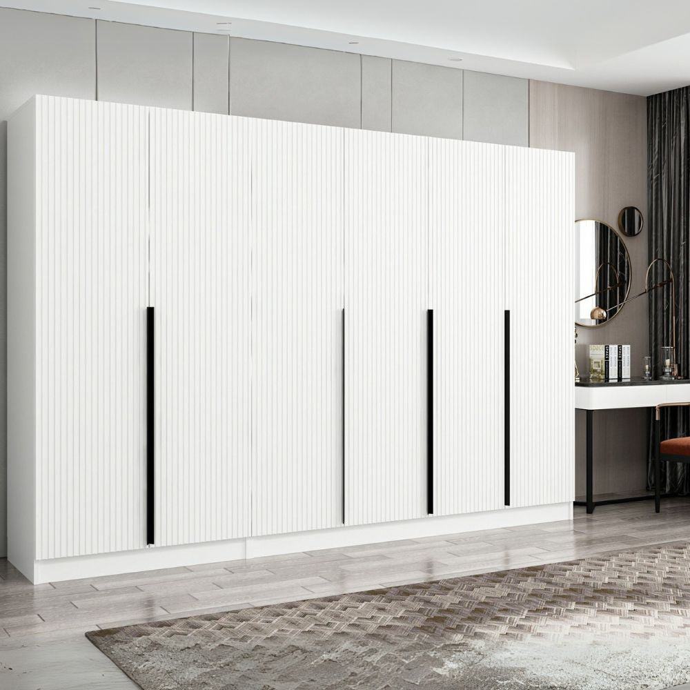 Armadio con 6 ante battenti colore bianco effetto cannettato 270x52x210H cm - Wilmy
