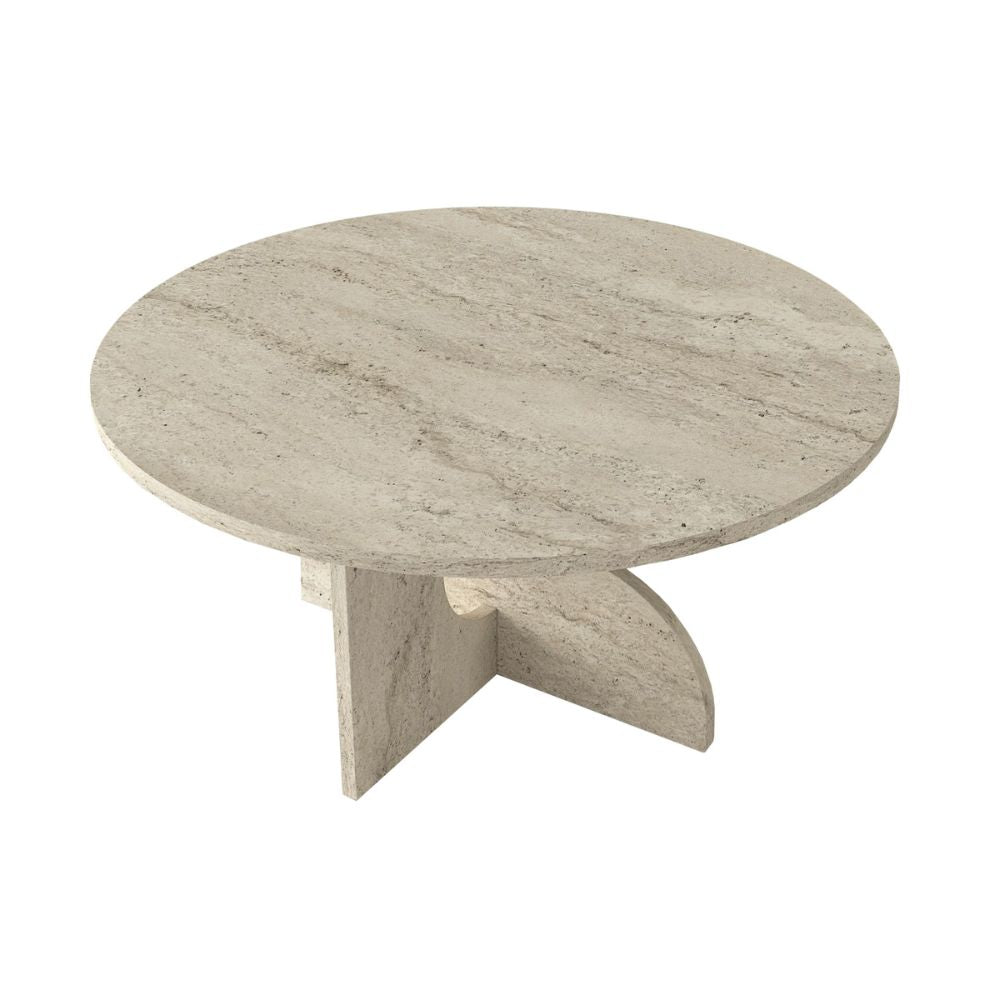 Tavolino rotondo da salotto effetto travertino con base geometrica Mara