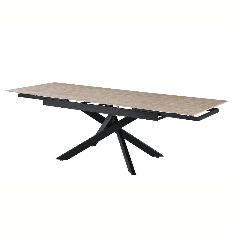 Tavolo allungabile piano in ceramica effetto marmo travertino e gambe in metallo nero 160x90x75.5H cm