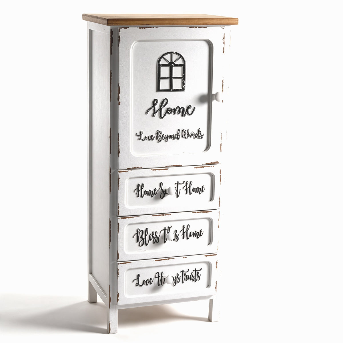 Mobile multiuso shabby chic 1 anta 3 cassetti bianco e top rovere H 120 cm Breslavia