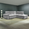 Divano letto angolare reversibile con 5 poggiatesta regolabili e pouf in tessuto grigio chiaro Amalfi