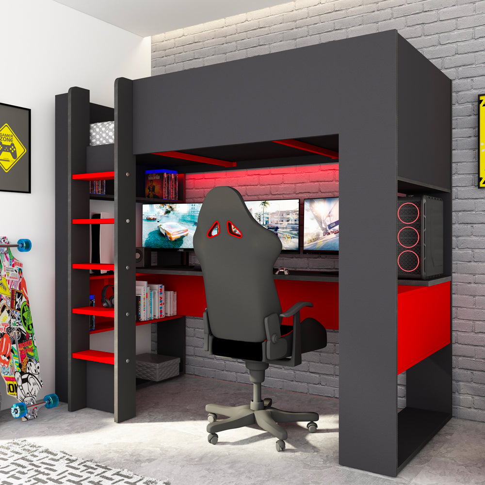 Letto a castello Gamex per bambino con scrivania da gamer colore antracite e rosso
