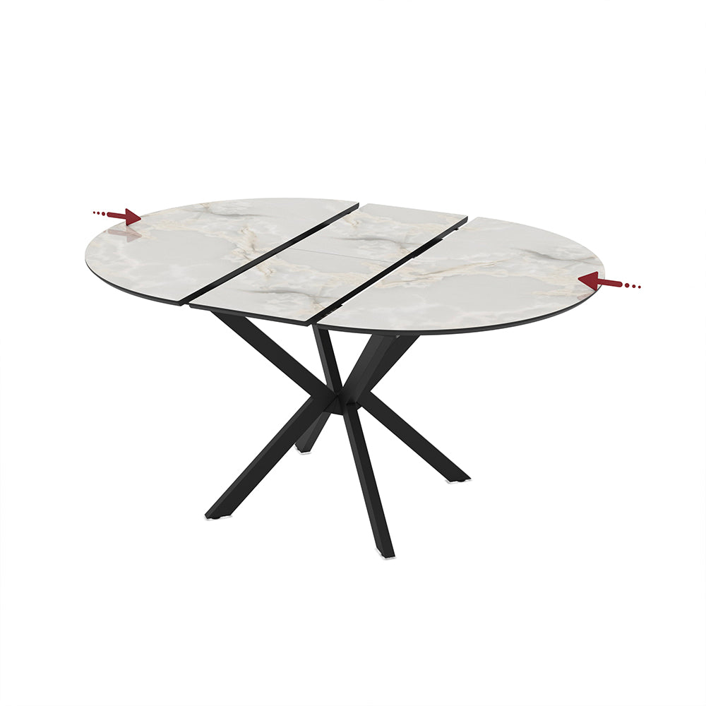 Tavolo rotondo allungabile effetto marmo bianco mola con gambe nere in metallo 110x110x76H Diano