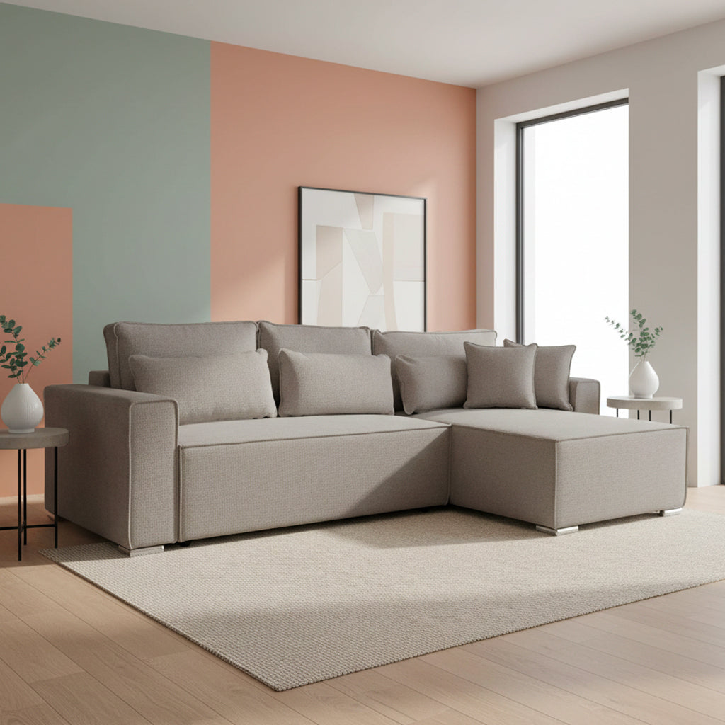 Divano angolare tortora con letto Easy Open, contenitore e penisola reversibile Emily