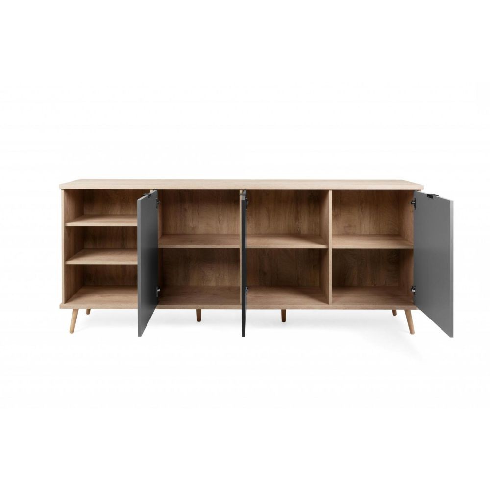 Madia in legno 209,6x88,3h cm con tre ante e vano a giorno colore rovere, antracite e grigio - Epik 56