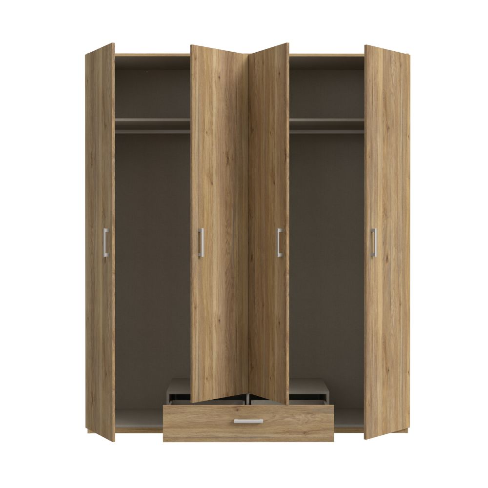 Kleiderschrank 4 Türen 1 Schublade Eichefarbe 177,5x54x210,5H Arcadia