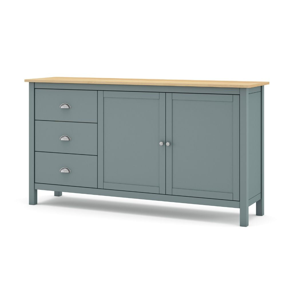Anrichte mit 2 Türen und 3 Schubladen aus Massivholz, Khakigrün und Eiche Misti 150x40x80H