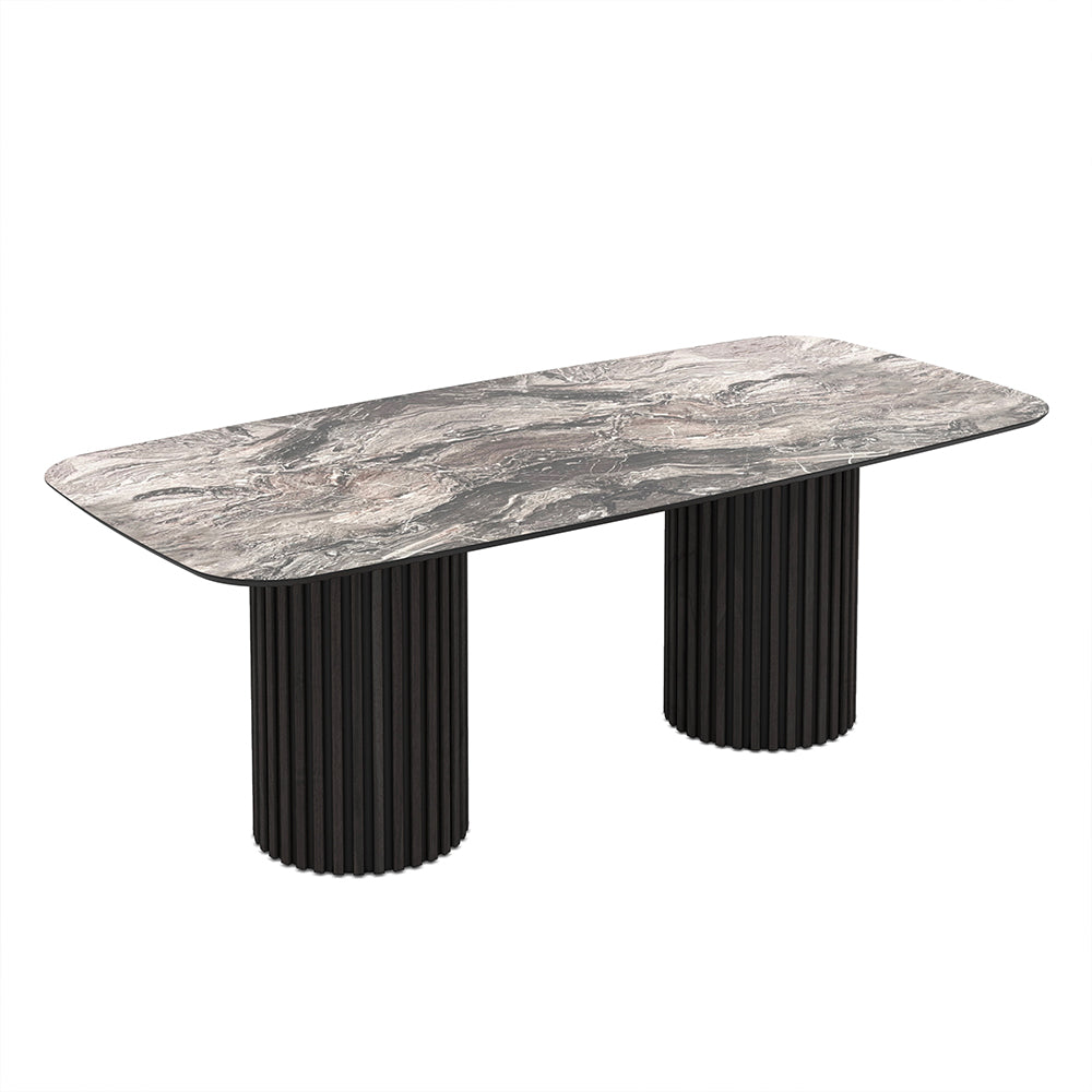 Tavolo rettangolare fisso piano nero arabesque e basi in legno cannettati 200x100x76H Oslo