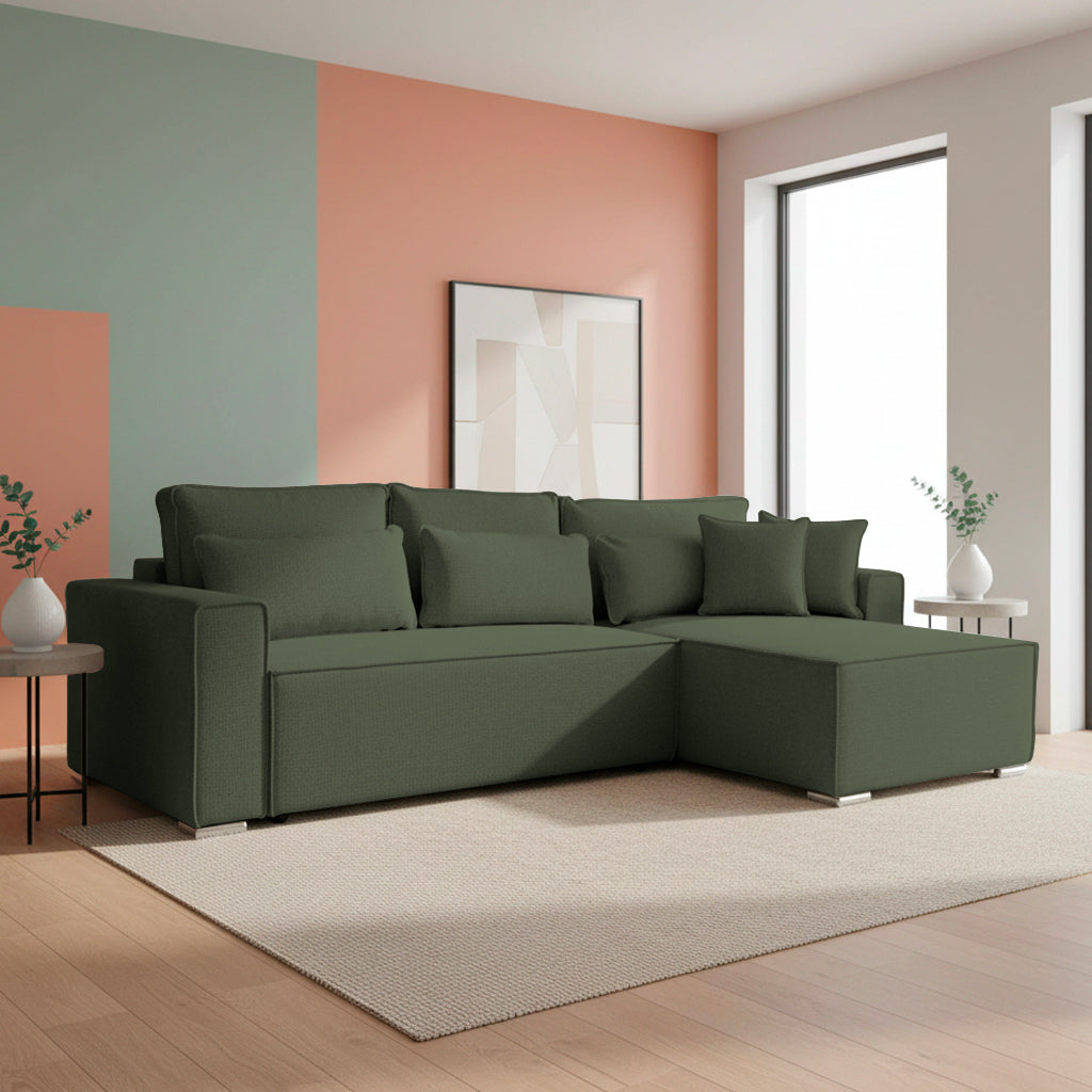 Divano angolare verde con letto Easy Open, contenitore e penisola reversibile Emily