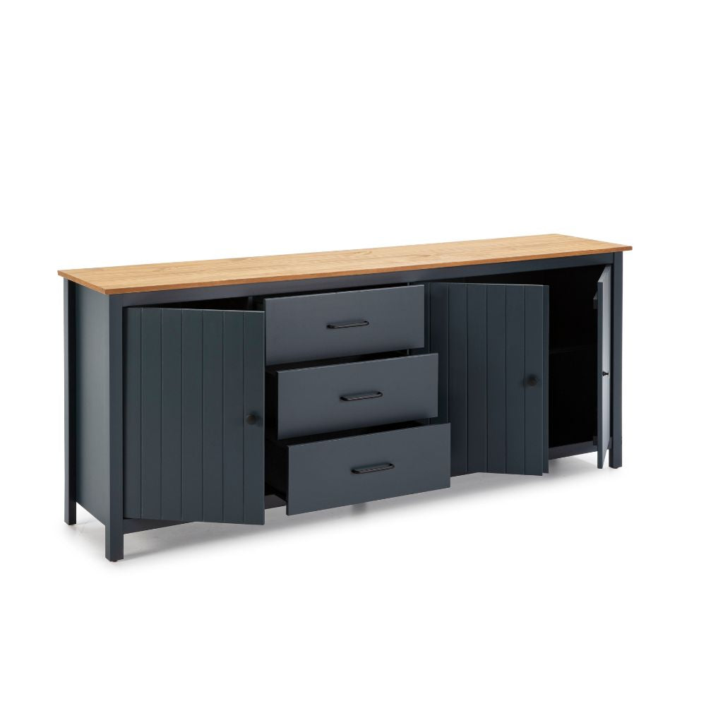 Credenza in legno massiccio colore blu e pino 191x40x80H Miranda