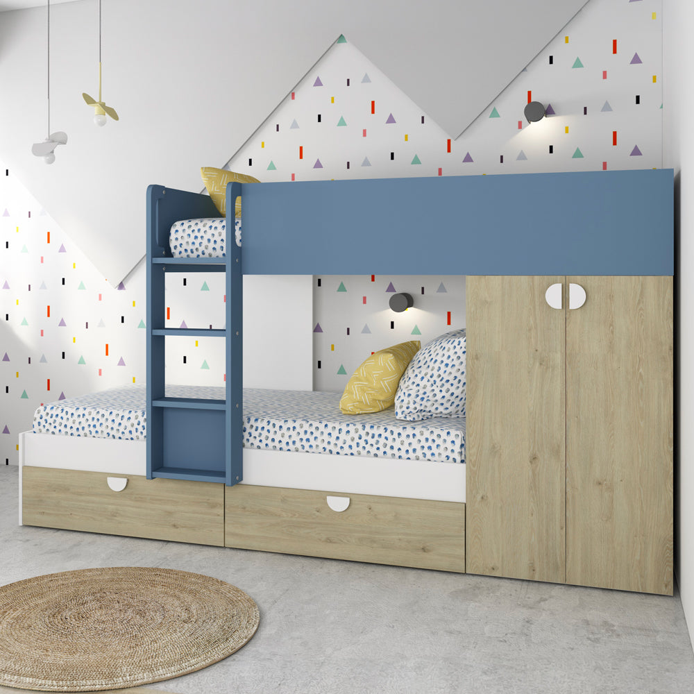 Letto a castello Gilbo per due bambini con armadio e cassetti colore rovere e azzurro
