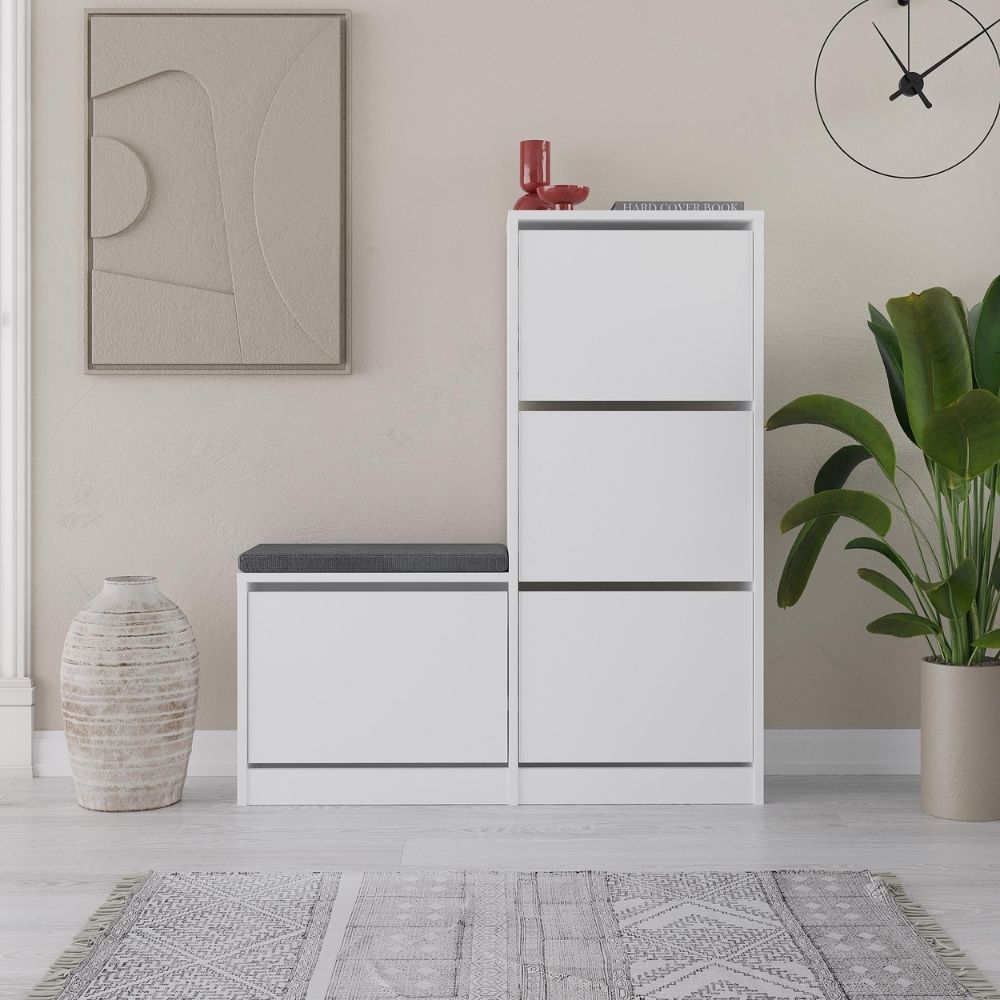 Meuble à chaussures avec banc 4 portes abattantes couleur blanc 105x26x118,5H Dude
