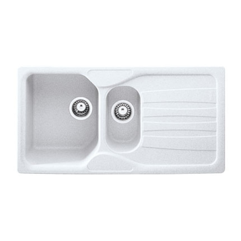 Lavello cucina 2 vasche bianco gocciolatoio reversibile 97x50 cm. Franke Calypso COG651
