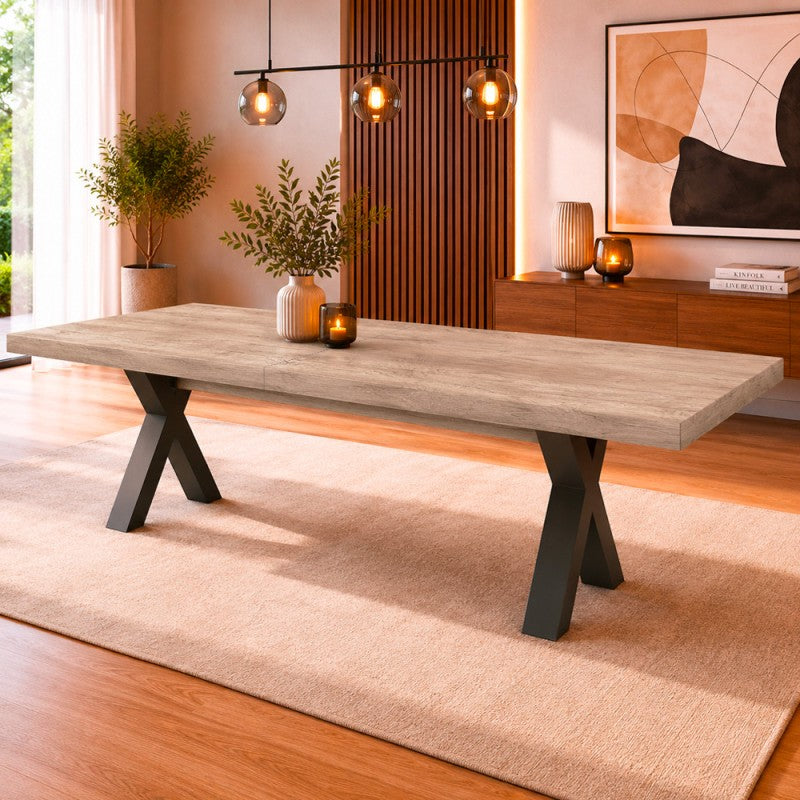 Tavolo allungabile 180 cm con piano Gordon beige e gambe incrociate antracite Milonga480