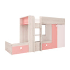 Letto a castello Bunky per due bambini con cassetti e armadio colore bianco consumato e rosa flamingo