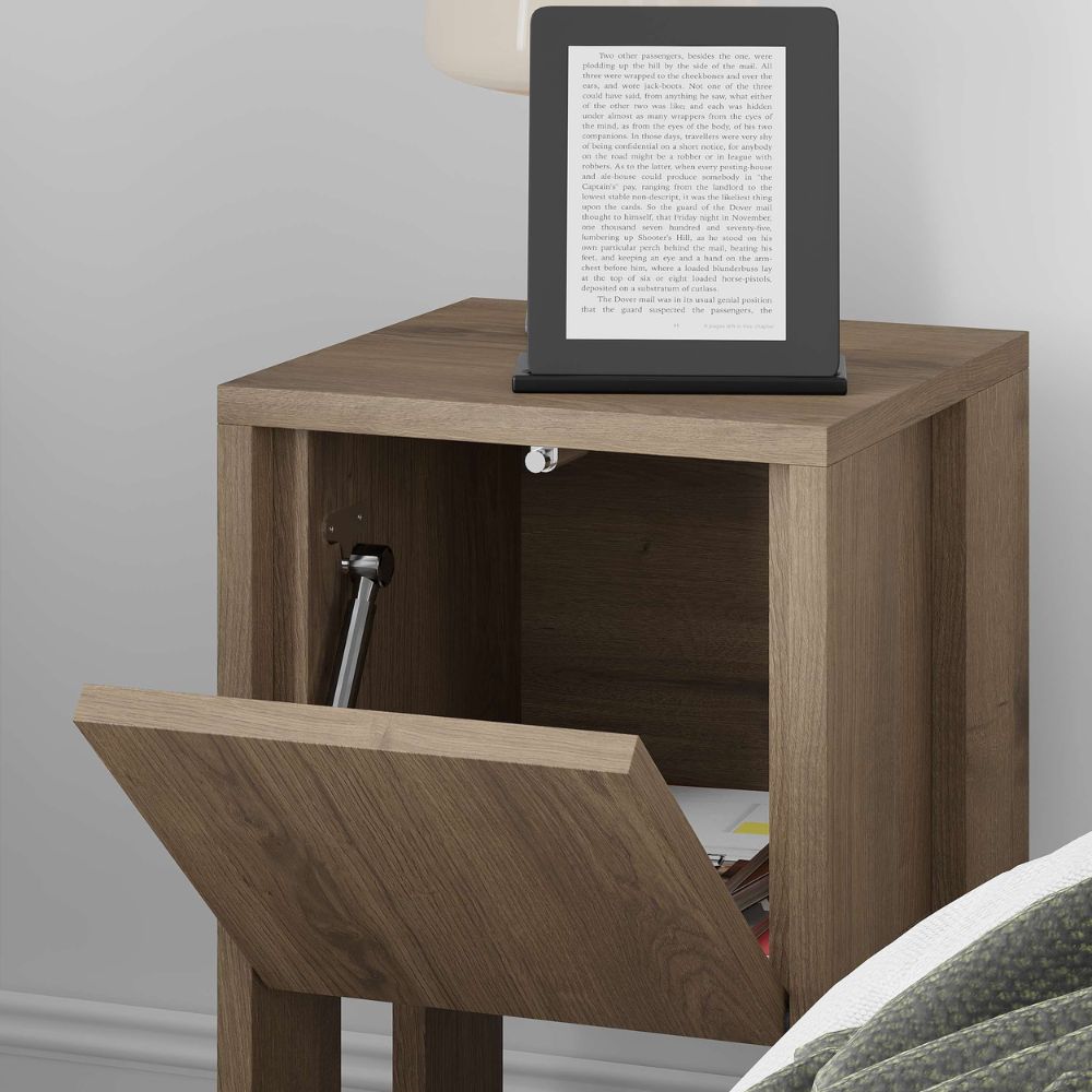 Table de chevet avec porte abattante 30x30x55h couleur noyer Ema