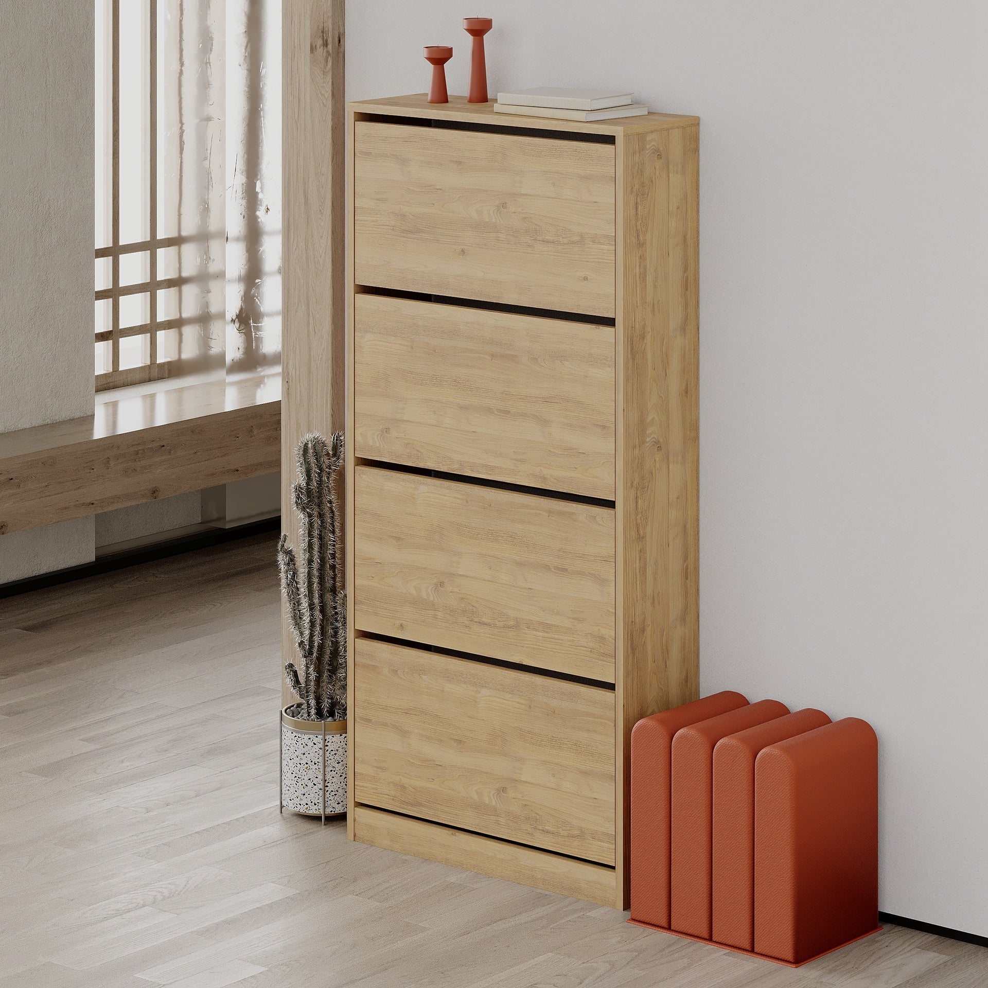 Scarpiera in legno 73 cm con ante a ribalta colore rovere