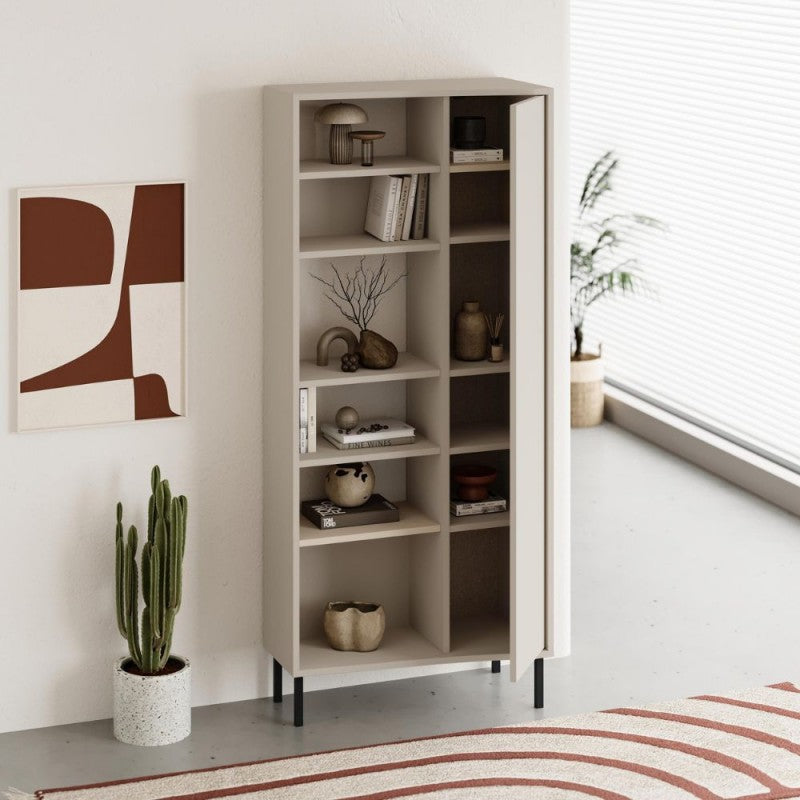 Libreria con frontale curvo, anta e vani a giorno in finitura cashmere 74x37x175H Frem
