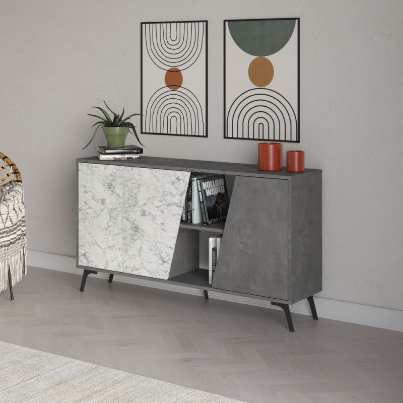 Buffet 2 portes 150x35,6x82H coloris blanc effet marbre de Carrare et gris Fiona
