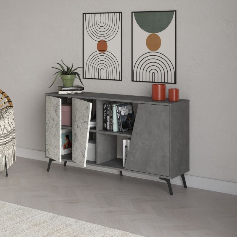 Madia 2 ante 150x35,6x82H colore bianco effetto marmo carrara e grigio Fiona