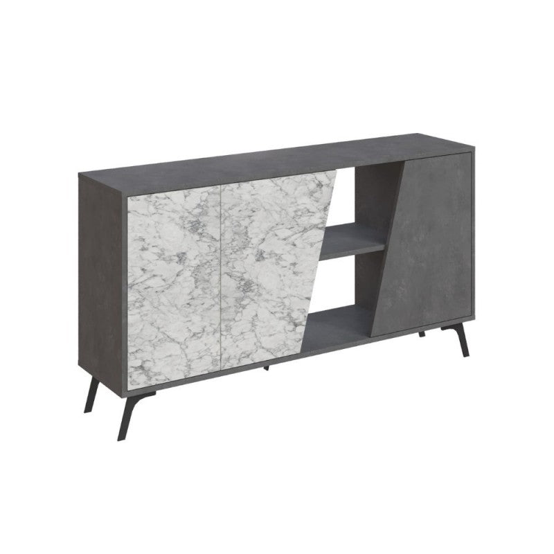 Buffet 2 portes 150x35,6x82H coloris blanc effet marbre de Carrare et gris Fiona