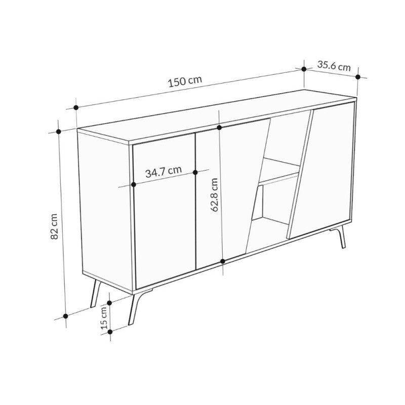 Buffet 2 portes 150x35,6x82H coloris blanc effet marbre de Carrare et gris Fiona