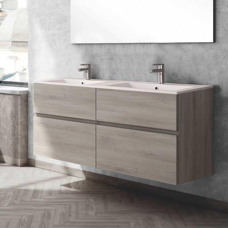 Mobile bagno sospeso doppio lavabo 4 cassetti 140x45x59H colore rovere grigio Londres
