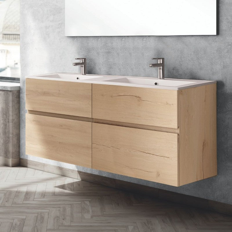 Mobile bagno sospeso doppio lavabo 4 cassetti 140x45x59H colore rovere Londres