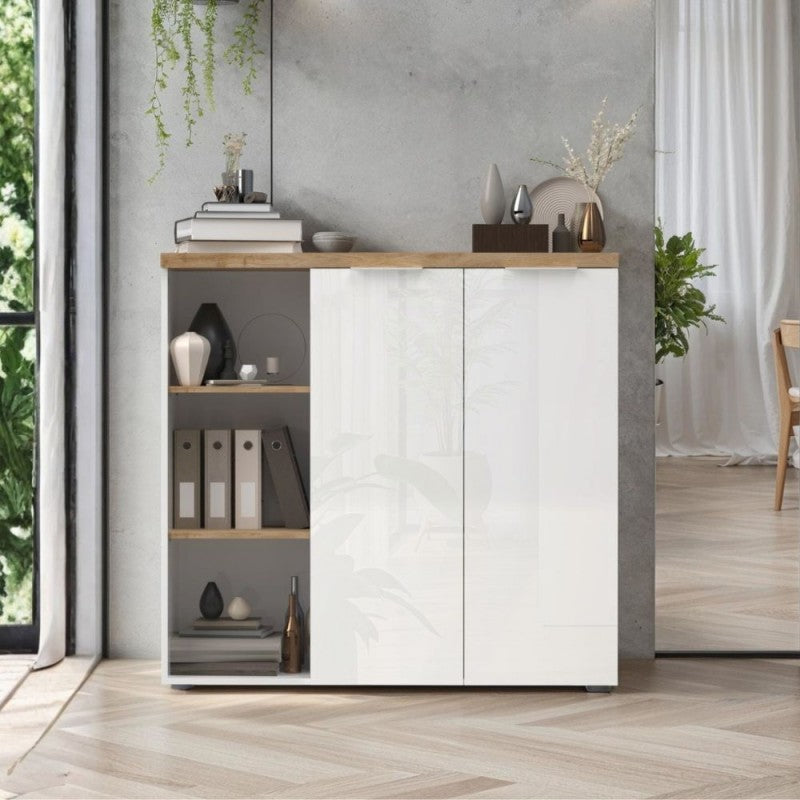 Madia 2 ante e vani a giorno 120x34x115H colore bianco lucido e rovere Cadiz Cannella