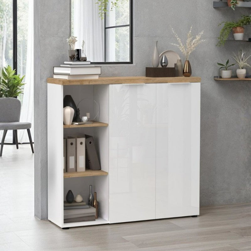 Madia 2 ante e vani a giorno 120x34x115H colore bianco lucido e rovere Cadiz Cannella