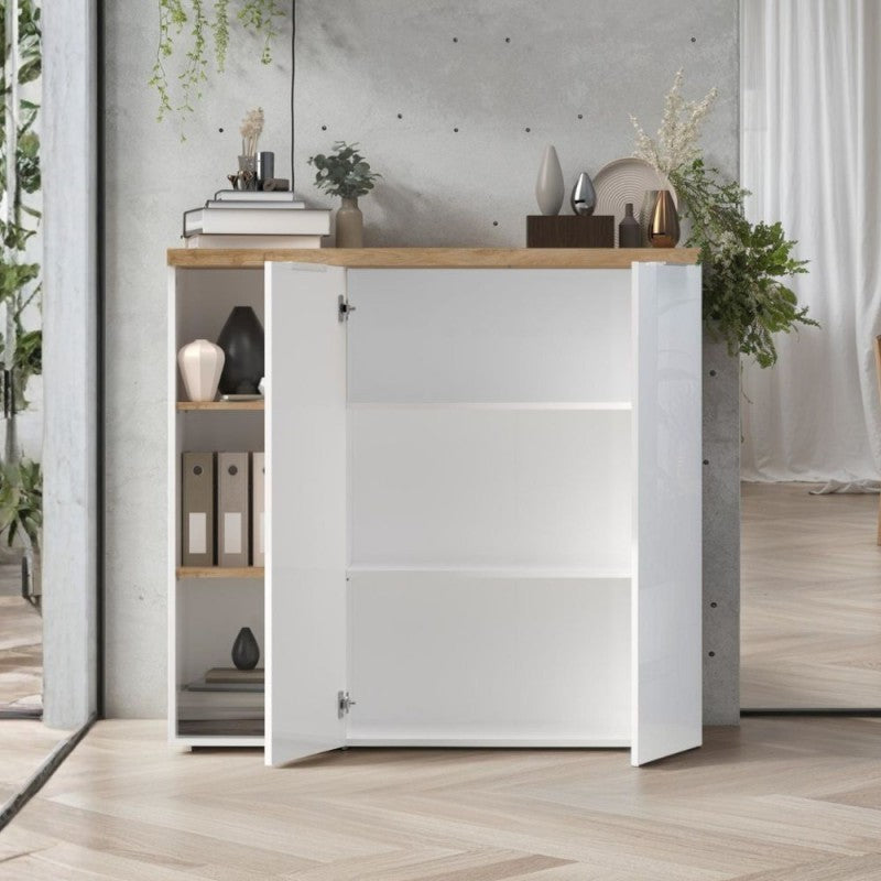 Madia 2 ante e vani a giorno 120x34x115H colore bianco lucido e rovere Cadiz Cannella