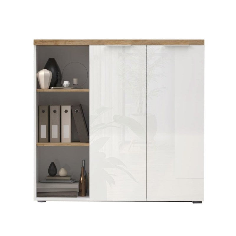 Madia 2 ante e vani a giorno 120x34x115H colore bianco lucido e rovere Cadiz Cannella