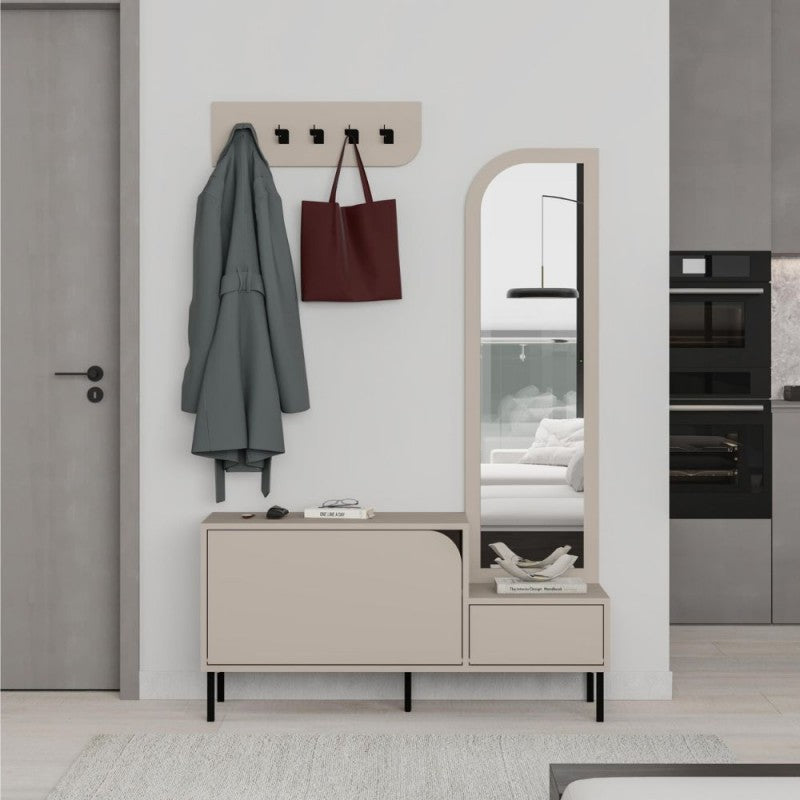 Mobile ingresso con scarpiera specchio e ganci appendiabiti colore cashmere Mila

