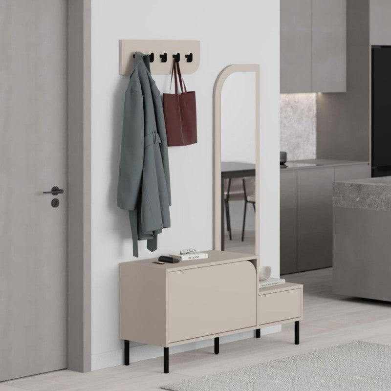 Meuble d'entrée avec meuble à chaussures, miroir et patères couleur cachemire Mila