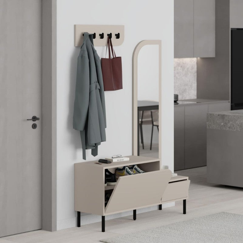 Meuble d'entrée avec meuble à chaussures, miroir et patères couleur cachemire Mila