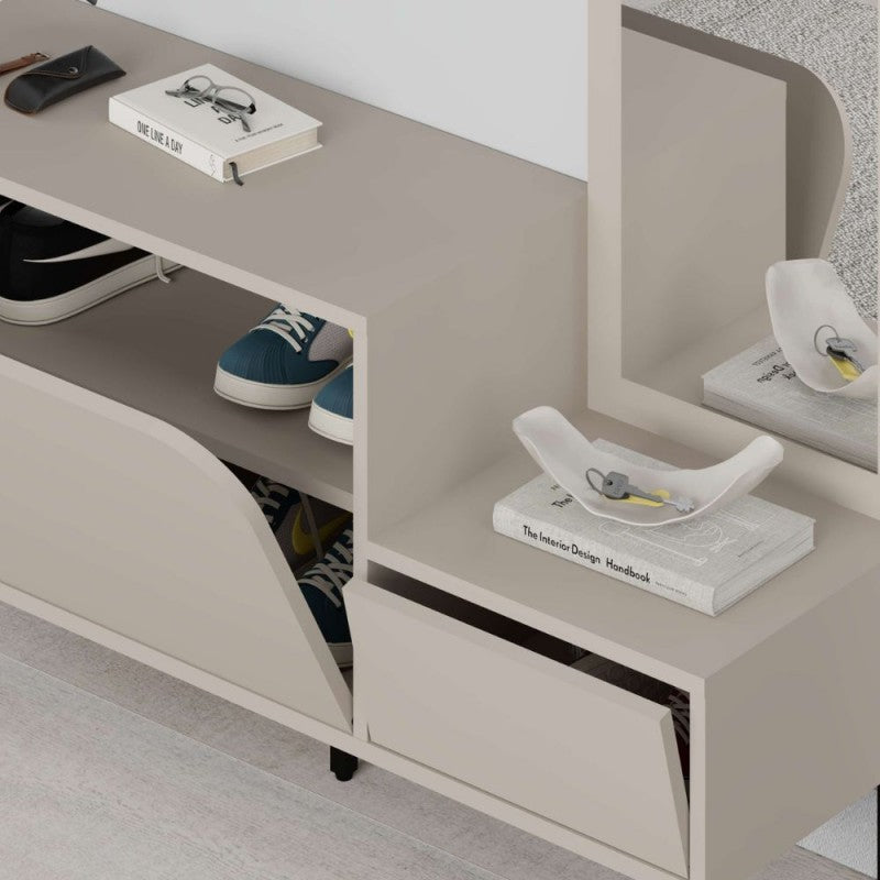 Mobile ingresso con scarpiera specchio e ganci appendiabiti colore cashmere Mila