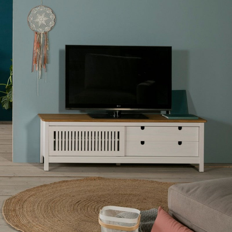 Mobile porta Tv con anta scorrevole effetto griglia e cassetti in legno massiccio 158 colore bianco e pino Bruna