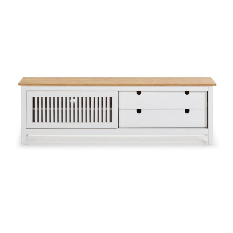 Mobile porta Tv con anta scorrevole effetto griglia e cassetti in legno massiccio 158 colore bianco e pino Bruna